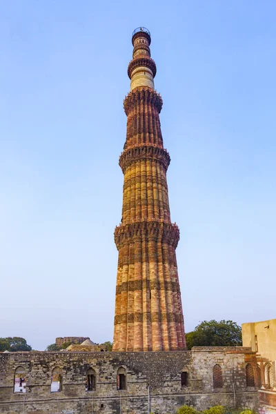 Qutb Minar Delhi Verdens Højeste Mursten Bygget Minaret 72M Bygget - Stock-foto