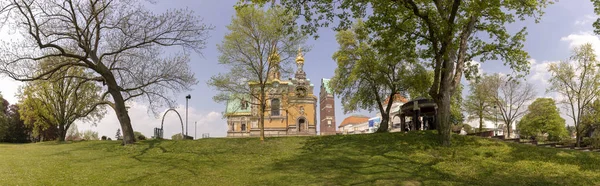 Widok Panoramiczny Mathildenhoehe Darmstadt Wesele Wieża Kościół Prawosławny — Zdjęcie stockowe