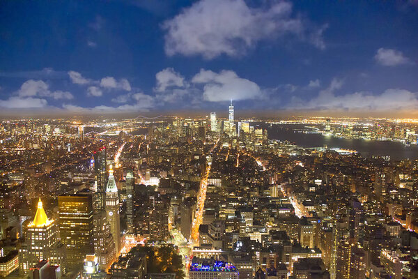Spectacular aerial of skyline of New York by night