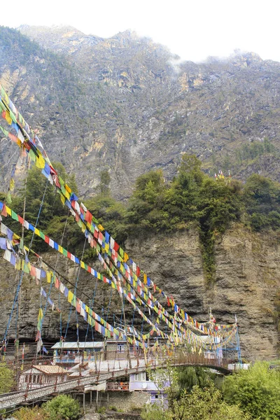 Pont Suspendu Village Chame Sur Circuit Annapurna Népal — Photo