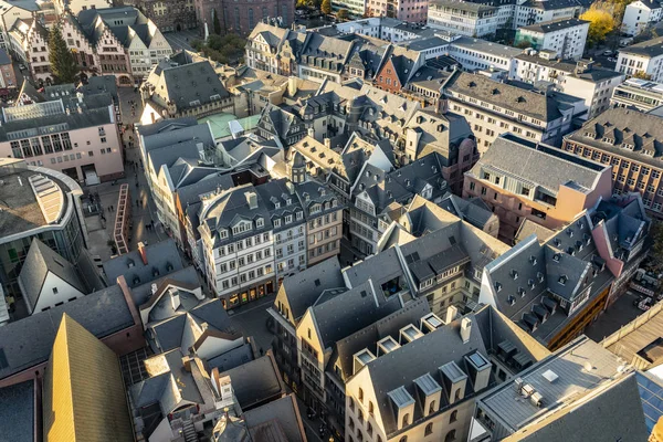 Mooie Luchtfoto Naar Frankfurt Nieuwe Oude Stad Zonsondergang — Stockfoto