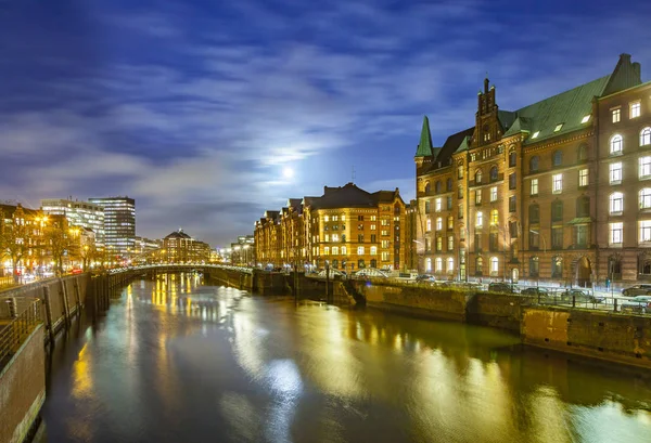 Historiska Speicherstadt Natten Hamburg — Stockfoto