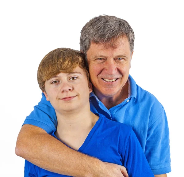 Szczęśliwy Ojciec Przytulanie Jego Słońce Niebieska Koszula — Zdjęcie stockowe