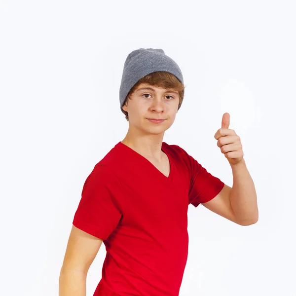 Retrato Joven Adolescente Con Gorra Mostrando Signo Pulgares Hacia Arriba —  Fotos de Stock