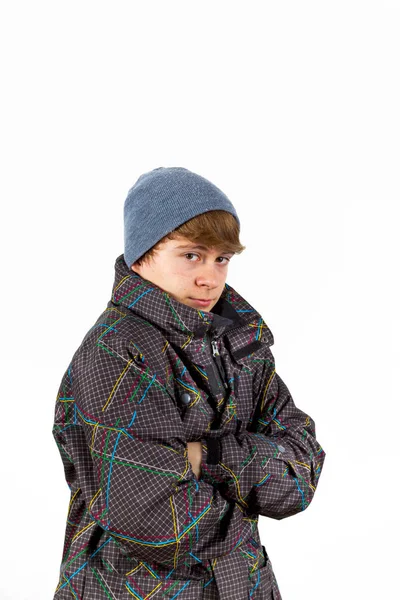 Портрет Замерзающего Мальчика Зимней Одежде — стоковое фото