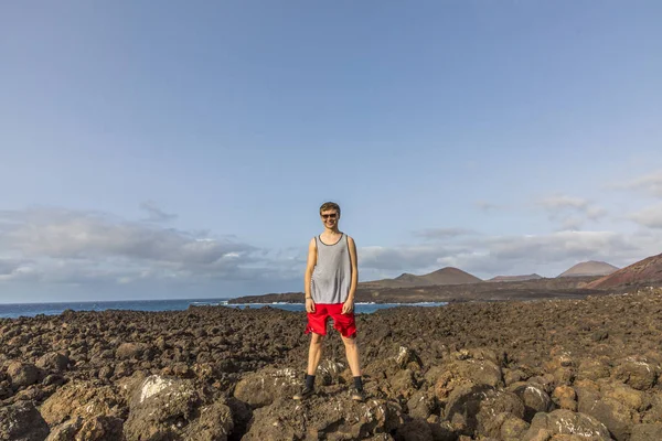 Teenager Poses Volcanic Landscape Lanzarote Spain — Stock Photo, Image