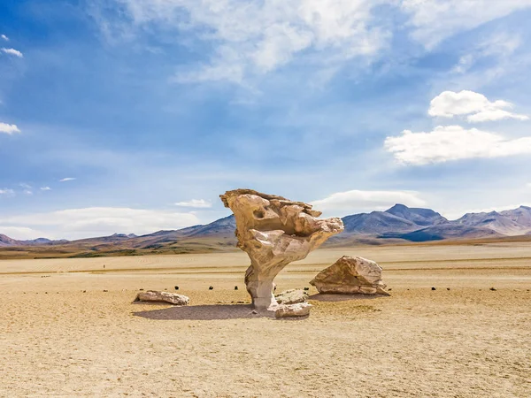 在玻利维亚爱德华多 阿瓦罗亚安第斯福纳国家保护区的西洛里沙漠中 由风创造的著名石树岩层 阿尔博尔 皮德拉 Arbol Piedra — 图库照片