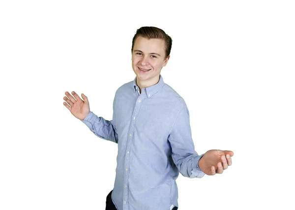 Cute Smiling Teenage Boy Looks Happy Confident — Stock Photo, Image