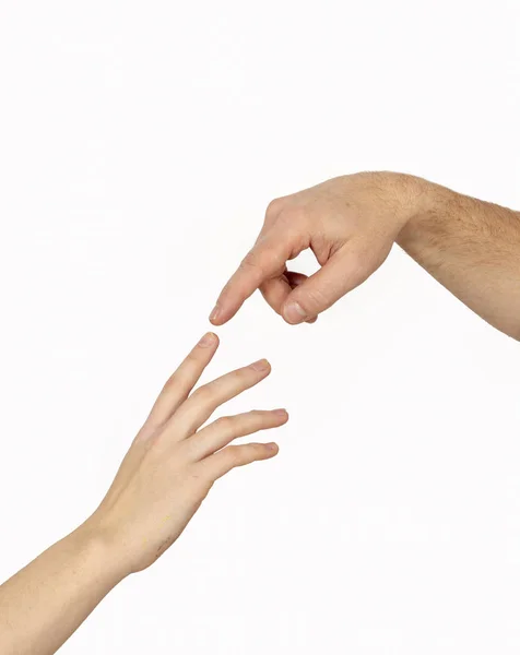 Mãos Masculinas Femininas Tocando Uma Outra Pelo Dedo Indicador — Fotografia de Stock