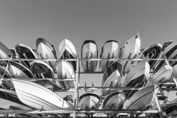 Speed Motor Boats Stapled Garage System Prestigious Harbor Miami — Stock Photo, Image