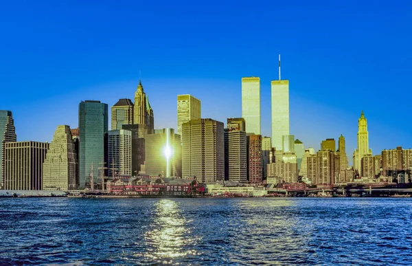Twin Towers Ban New York Naplemente Fény — Stock Fotó