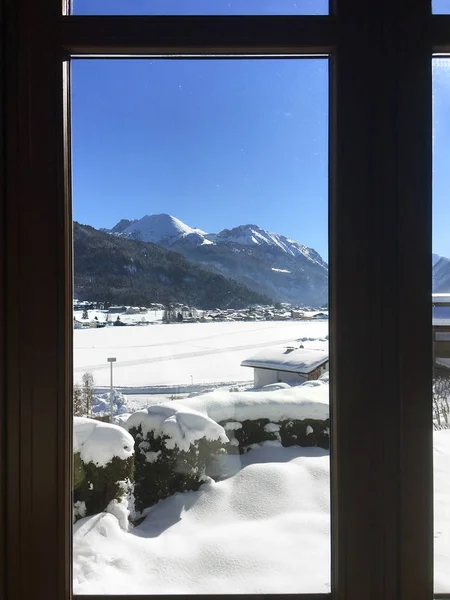 Scenic Winter Snow Landscape Tyrol Austria Seen Window Wooden House — Stock Photo, Image