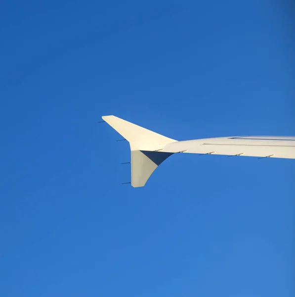 Vliegtuigen Vleugel Onder Blauwe Hemel Zonsopgang — Stockfoto