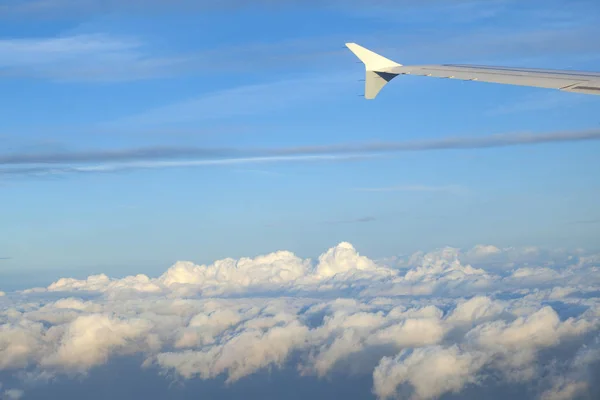 Uçak Kanadı Sunrise Mavi Gökyüzü Altında — Stok fotoğraf