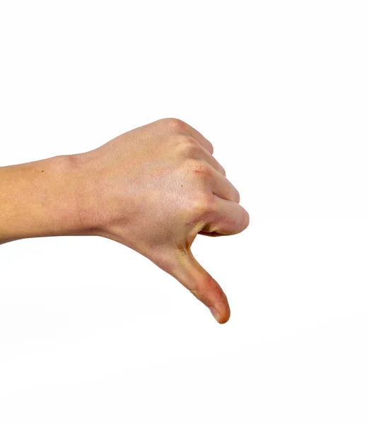 Κοντινό Πλάνο Του Αντίχειρα Κάτω Αρσενική Χέρι Πινακίδα Απομονωθεί Λευκό — Φωτογραφία Αρχείου