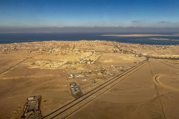aerial of desert and red sea when approaching airport Hurghada