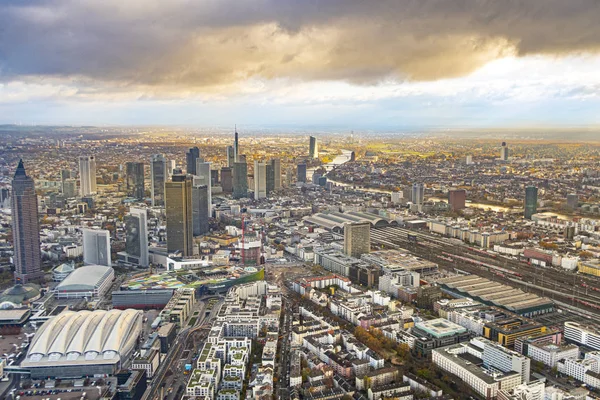 Aerial of frankfurt with dark clouds and sunshine — Stock Photo, Image