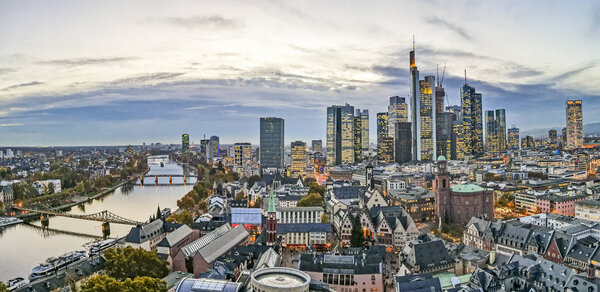 Aerial of Frankfurt am Main, Germany in the evening