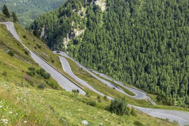 Ita sınırında Timmelsjoch için kıvrımlı dağ geçiş yolu