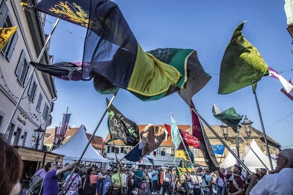 Mensen vieren de vlag zwaaiend op de Gau-Algesheim Wine fe — Stockfoto