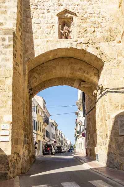 Close up of the historic stone city gate in Mahon Menorca agains — Stock Photo, Image