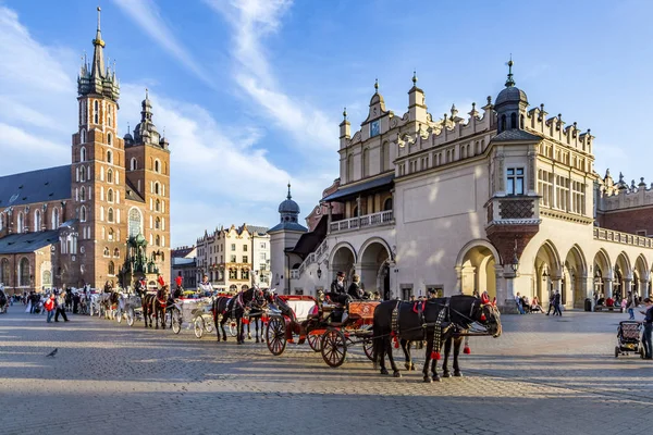 Horse carriages in front of Mariacki church on main square of Kr — Stock Photo, Image
