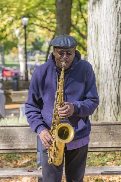 Hombre toca el saxofón en el Central Park en Nueva York —  Fotos de Stock