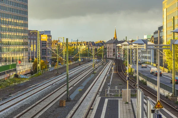 View to Messe area and skyline of Frankfurt with rails of Messe — Stock Photo, Image