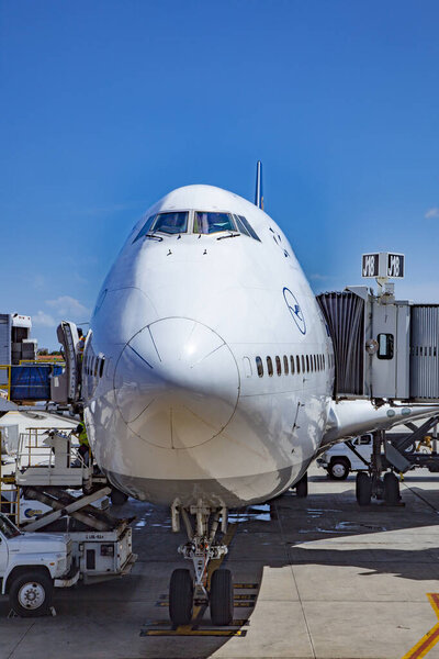 Lufthansa Boeing 747 ready for boarding at the Los Angeles inter