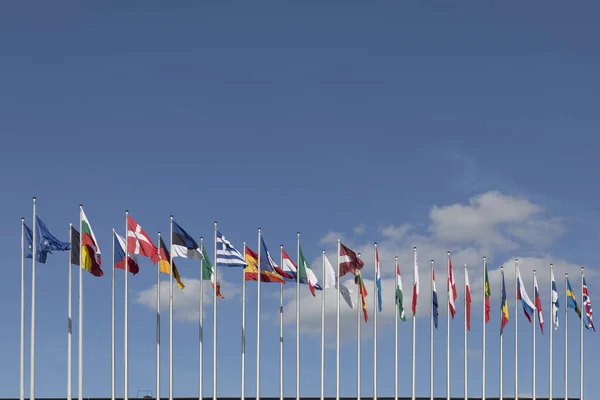 Tous les drapeaux de l'UE Drapeau de l'Union européenne agitant devant le Parlement européen — Photo