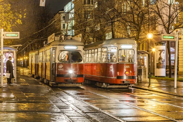 Vienna - famous street car by night with reflection at the stree — Stock Photo, Image