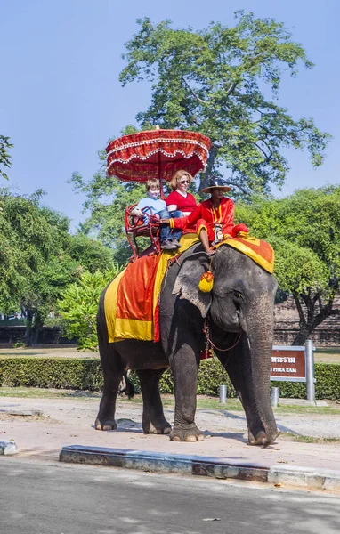 Turisták lovagolni egy elefánt a történelmi parkban Ayutthaya — Stock Fotó