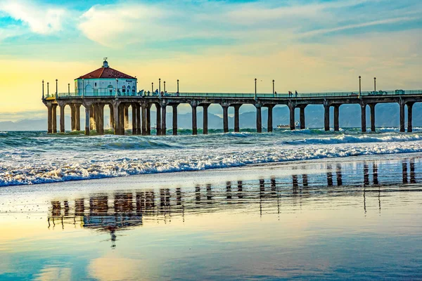 Schilderachtige Pier Manhattan Beach Buurt Van Los Angeles Zonsondergang Stemming — Stockfoto