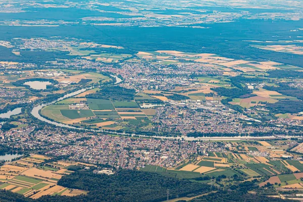 Vista Aérea Del Pueblo Wolfgang Hanau Alemania Con Río Main — Foto de Stock