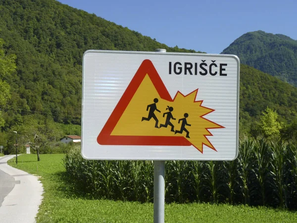 Traffic Sign Attention Children Crossing Igrisce Warning Sign Slovenia — Stock Photo, Image