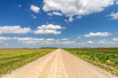White, puffy clouds moving over remote dirt road and flat lands in the Great Plains, Oklahoma clipart