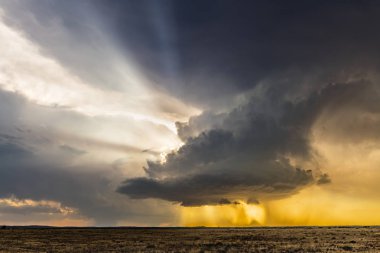 Large, powerful tornadic supercell storm moving over the Great Plains during sunset, setting the stage for the formation of tornados across Tornado Alley. clipart