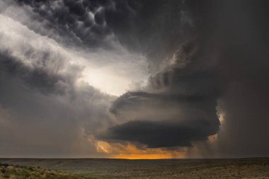 Large, powerful tornadic supercell storm moving over the Great Plains during sunset, setting the stage for the formation of tornados across Tornado Alley. clipart
