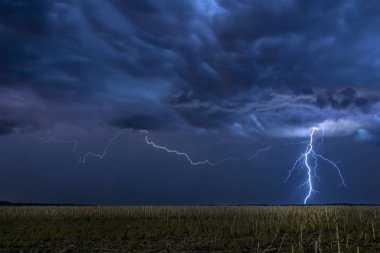 A mezocyclone lightning storm with dark clouds forming over the plains in Tornado Alley, Oklahoma at nigh clipart