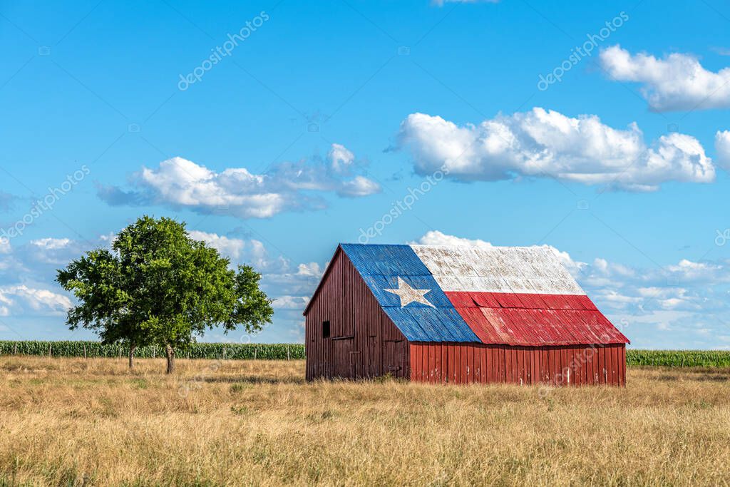 An abandoned old barn with the symbol of Texas painted on the roof sits in a rural area of the state, framed by farmland