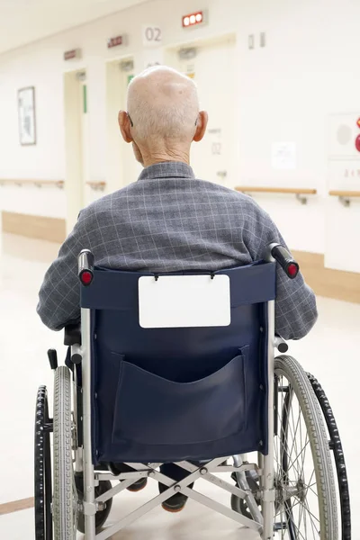 Back View Old Man Sitting Wheelchair Hospital Hallway — Stock Photo, Image