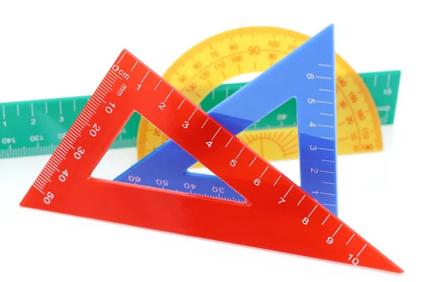 Herramientas Dibujo Escolar Triángulo Regla Transportador Sobre Fondo Blanco —  Fotos de Stock