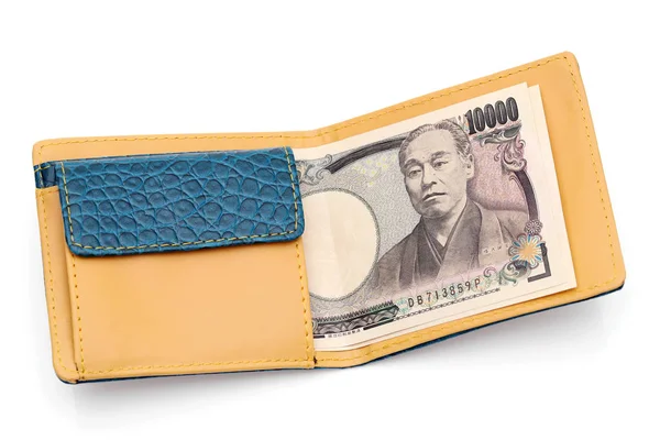 Portefeuille Cuir Dix Mille Yen Japonais Sur Fond Blanc — Photo