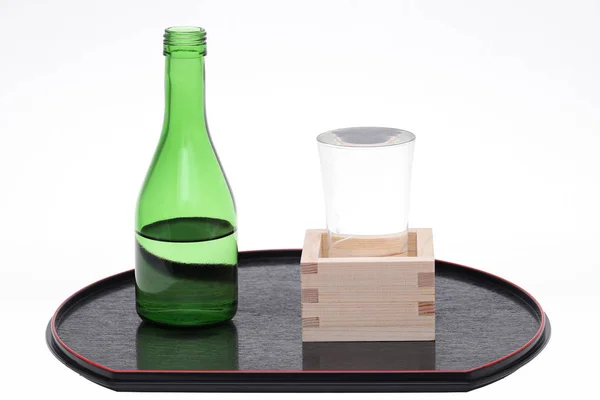 Japansk Trälåda Masu Med Sake Isolerad Vit Bakgrund — Stockfoto