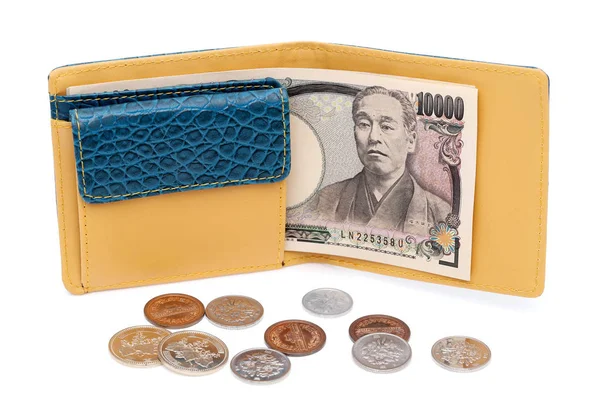 Ledergeldbörse Und Zehntausend Japanische Yen Auf Weißem Hintergrund — Stockfoto