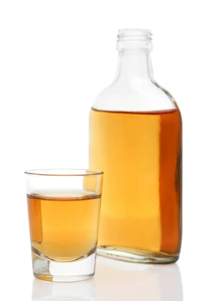 Shot Glass Pocket Bottle Whiskey White Background — Stock Photo, Image