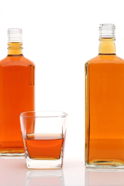 Glass Cup Bottle Whiskey White Background — Stock Photo, Image