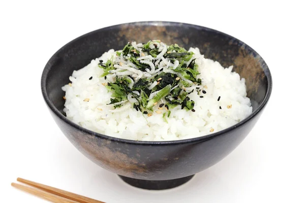 Giapponese Shirasu Takana Vegetale Riso Bianco Cotto Sfondo Bianco — Foto Stock