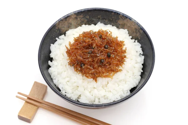 Japonês Tsukudani Chirimen Jako Com Cozido Branco Arroz Branco Fundo — Fotografia de Stock