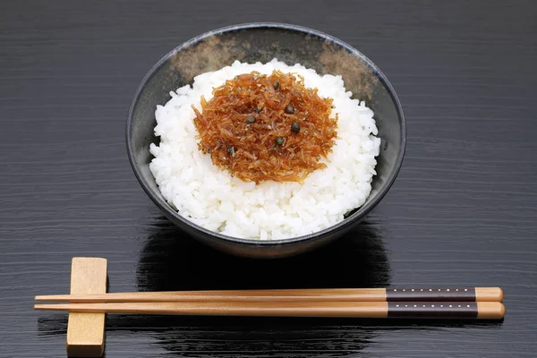 Japanse Tsukudani Van Chirimen Jako Met Gekookte Witte Rijst Witte — Stockfoto
